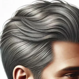 Mężczyzna z tonowanymi siwymi włosami w salonie FOR MEN Fryzjer Kalisz, efekt subtelnego przyciemnienia i naturalnego wyglądu